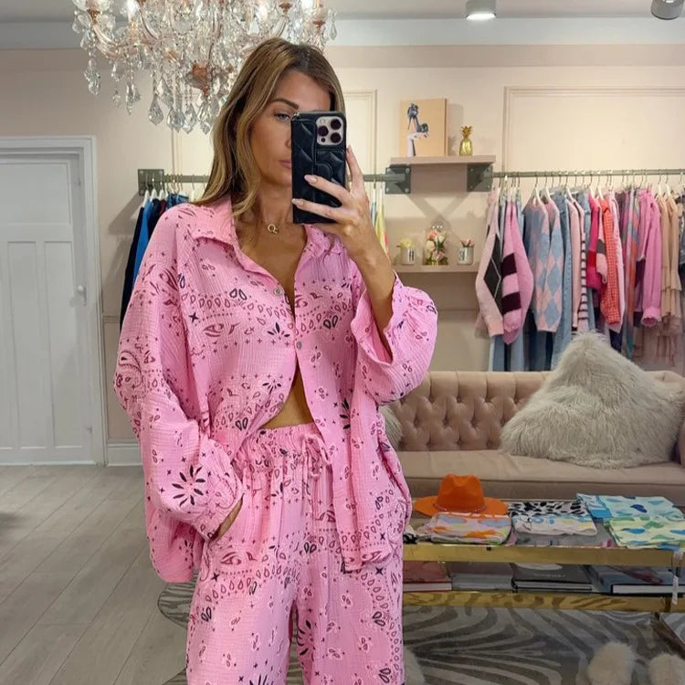 Women's 2-Piece Sets (Tops+Bottoms) Spring Autumn Long Sleeved Printed Blouse and Loose Long Pants Leisure Vacation Female Shirt