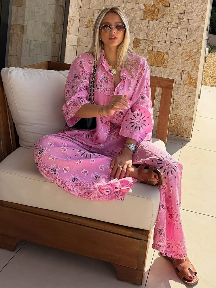 Women's 2-Piece Sets (Tops+Bottoms) Spring Autumn Long Sleeved Printed Blouse and Loose Long Pants Leisure Vacation Female Shirt