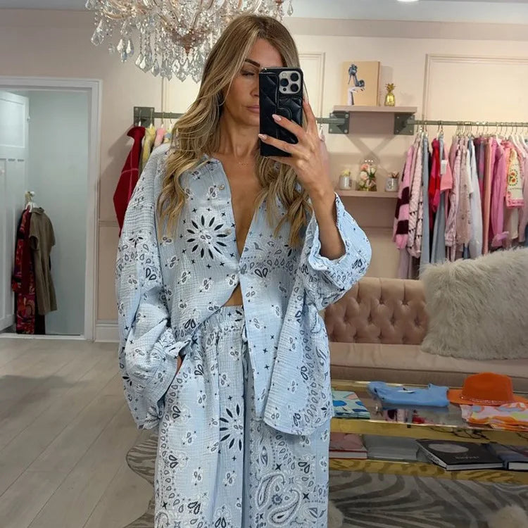Women's 2-Piece Sets (Tops+Bottoms) Spring Autumn Long Sleeved Printed Blouse and Loose Long Pants Leisure Vacation Female Shirt