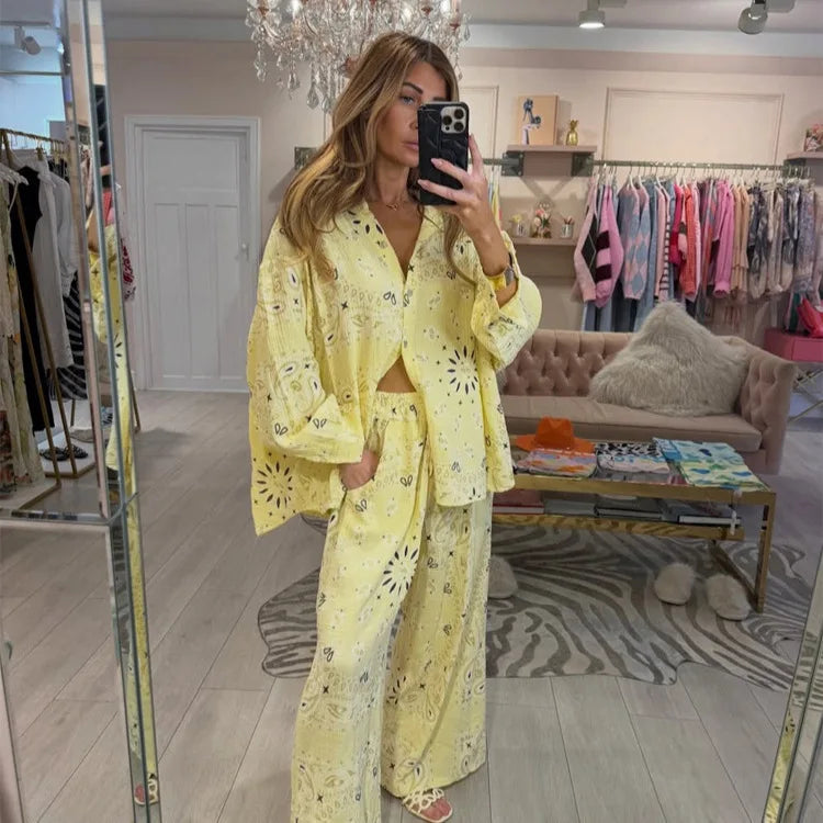 Women's 2-Piece Sets (Tops+Bottoms) Spring Autumn Long Sleeved Printed Blouse and Loose Long Pants Leisure Vacation Female Shirt