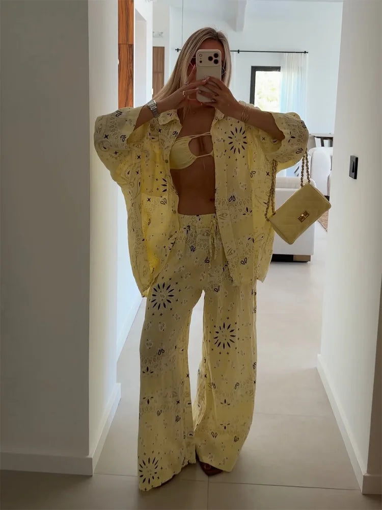 Women's 2-Piece Sets (Tops+Bottoms) Spring Autumn Long Sleeved Printed Blouse and Loose Long Pants Leisure Vacation Female Shirt