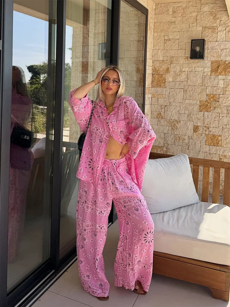 Women's 2-Piece Sets (Tops+Bottoms) Spring Autumn Long Sleeved Printed Blouse and Loose Long Pants Leisure Vacation Female Shirt