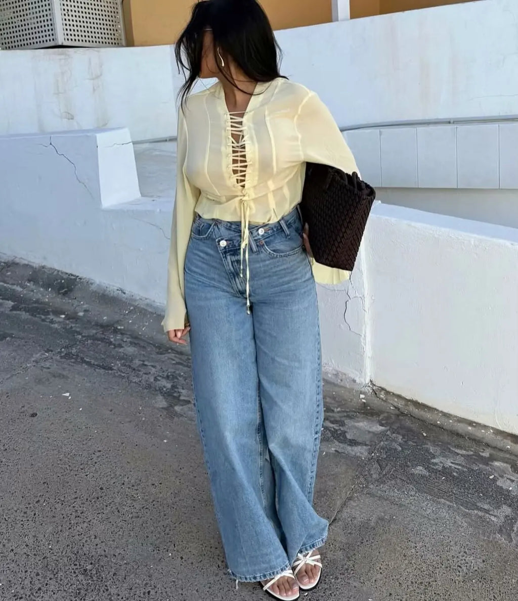 Woman Jeans Pants 2025 Spring High Waist Wide Leg Straight Fit Blue Casual Vintage Versatile Daily Streetwear Denim Jeans