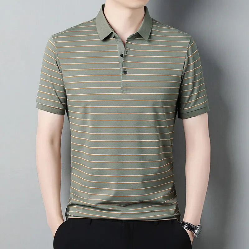 Summer Fashion Striped T-Shirts Men Turn Down Collar Short Sleeve Smart Casual Tshirt Mens Wrinkle Free High Quality Tees Tops