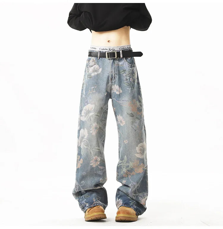 2025 NEW JEANS American hip-hop men and women trendy retro floral print straight leg jeans couples loose wide leg casual pants