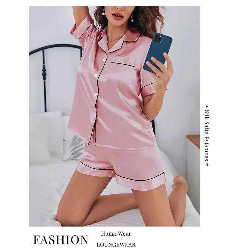 Women Two-piece Pj Sets Sleepwear Loungewear Button-Down Pajama Women 2 Piece Pijama Homewear Shorts Set