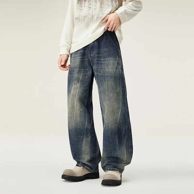 High end American fashion brand jeans for men, fashionable loose straight leg hanging feeling, casual versatile denim pants