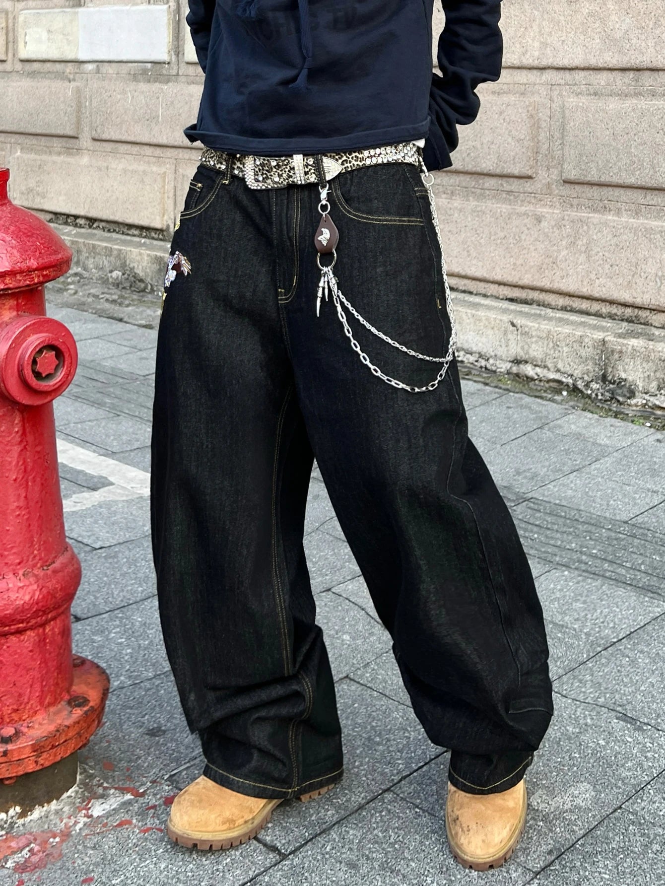 Men's Jeans Versatile Black Baggy Wide Pants,Trendy Embroidered Retro Y2K Men's Trousers,Suitable For All Seasons No Accessories