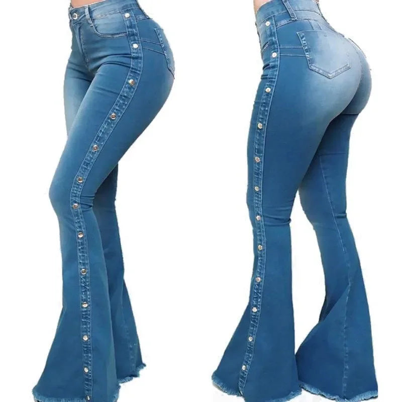 Women Jeans High Waist Strecth Denim Flare Pants Vintage Trousers Buttons Denims Streetwear Spring Autumn Female Floor Length