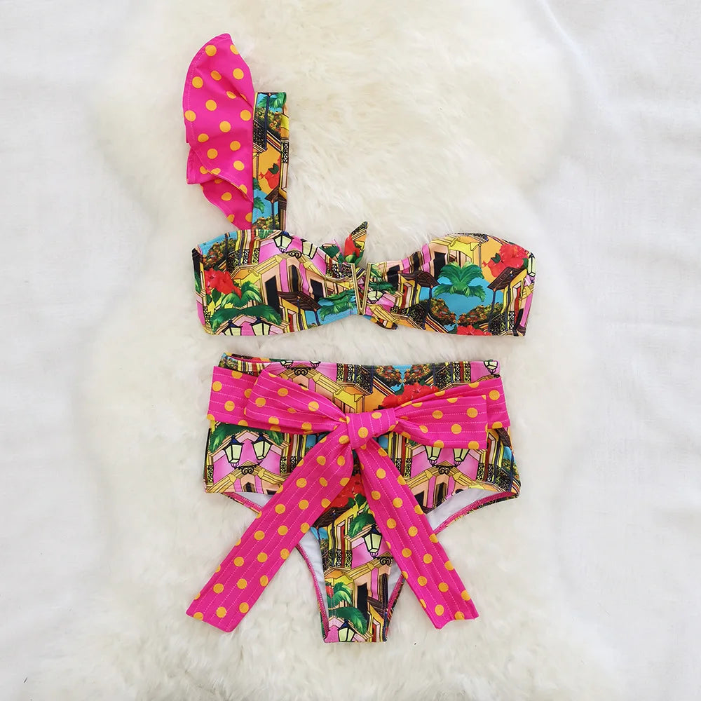 Two-Pieces Women Floral 2023 Push-Up Padded Bra Ruffles Bandage Bikini Set Swimsuit Swimwear Bathing Suit Beachwear Biquini