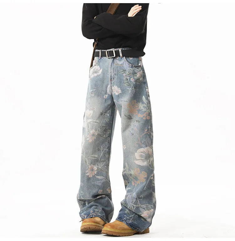 2025 NEW JEANS American hip-hop men and women trendy retro floral print straight leg jeans couples loose wide leg casual pants