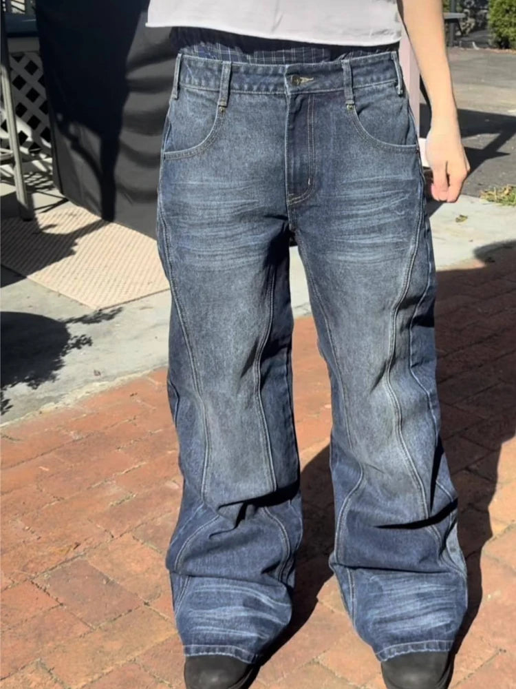Mens Jeans Harajuku Vintage Streetwear Embroidery Hip Hop Denim Pants Washed Distressed Straight Leg Loose Fit Casual Unisex New