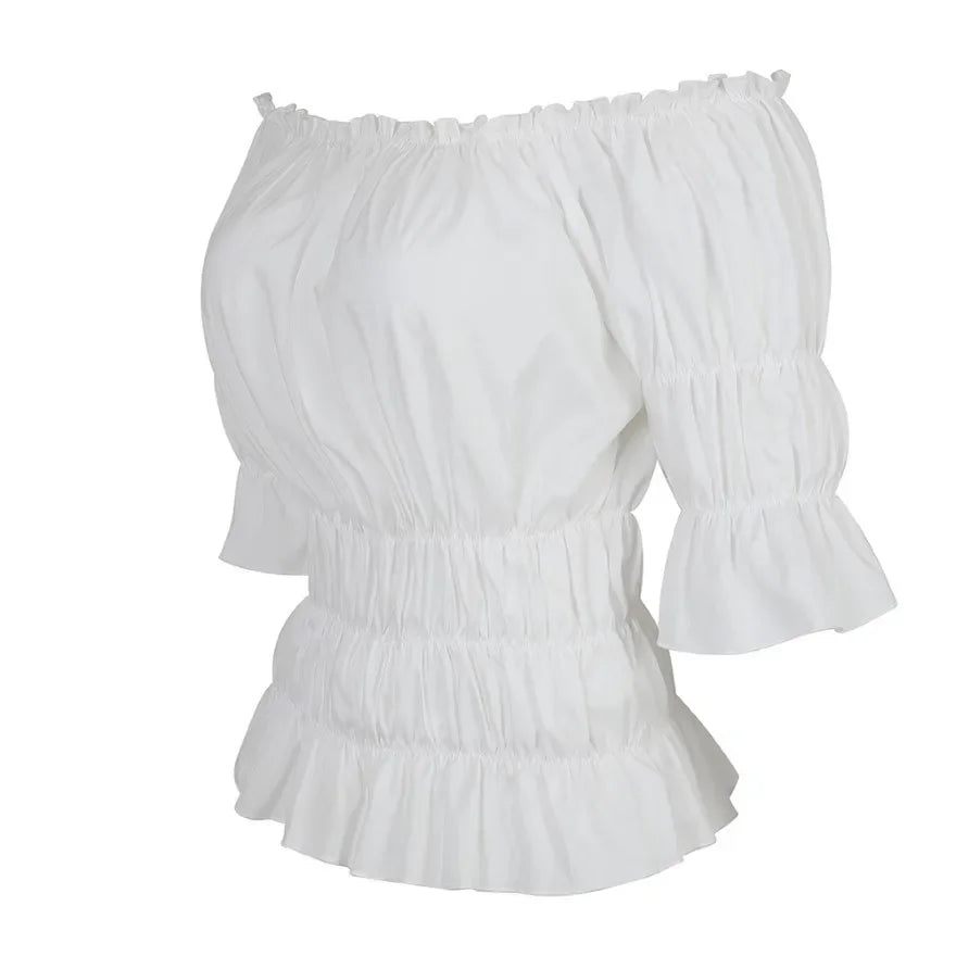 Women Renaissance Blouse Tops Corset Waist Medieval Victorian Off Shoulder Short Sleeve Shirt Pirate Cosplay Costumes Halloween