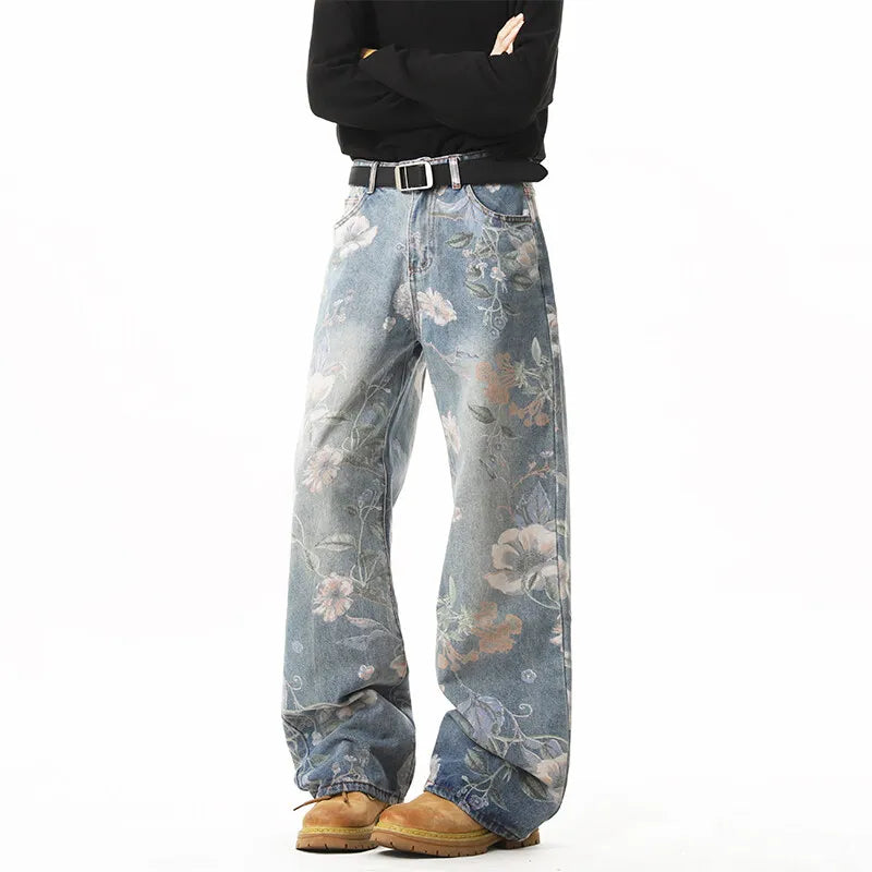 2025 NEW JEANS American hip-hop men and women trendy retro floral print straight leg jeans couples loose wide leg casual pants