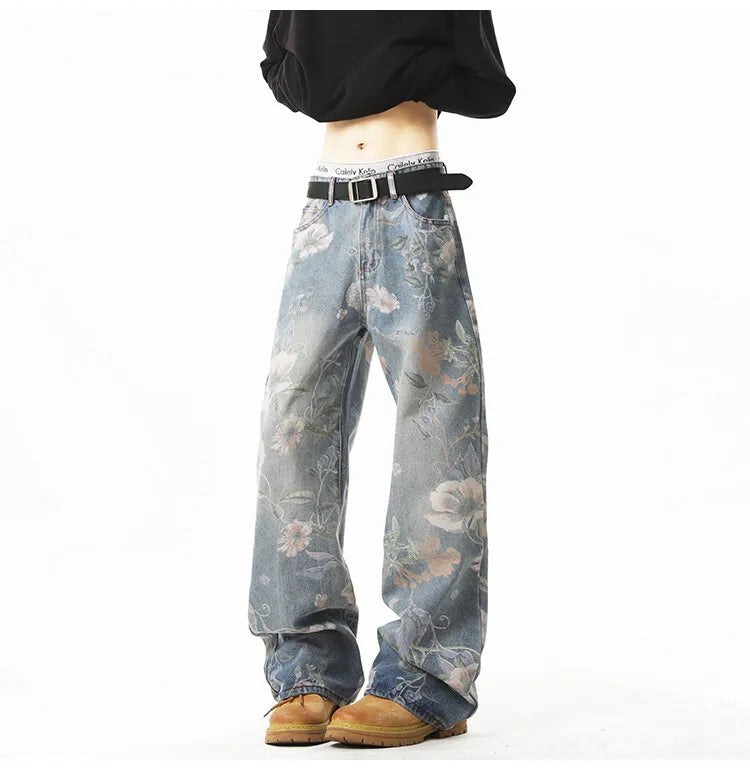 2025 NEW JEANS American hip-hop men and women trendy retro floral print straight leg jeans couples loose wide leg casual pants