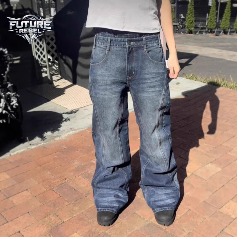 Mens Jeans Harajuku Vintage Streetwear Embroidery Hip Hop Denim Pants Washed Distressed Straight Leg Loose Fit Casual Unisex New