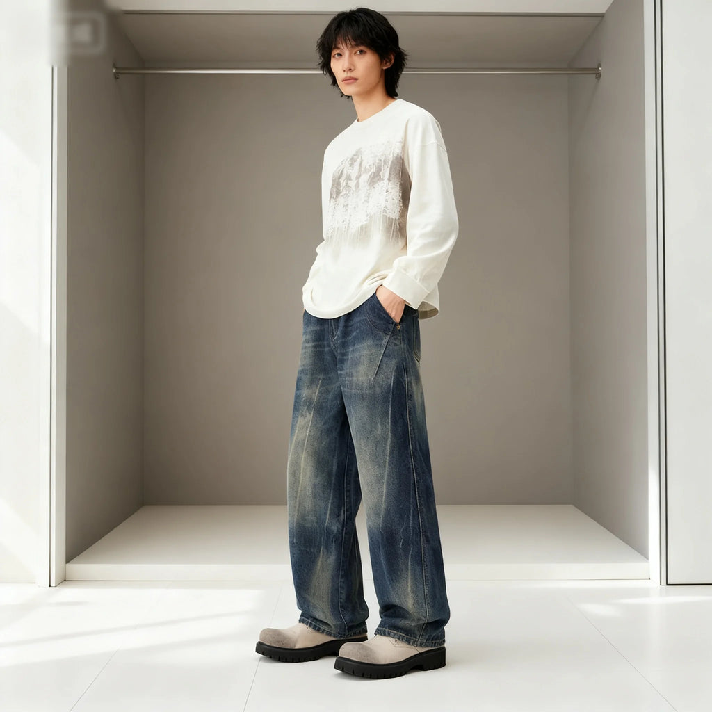 High end American fashion brand jeans for men, fashionable loose straight leg hanging feeling, casual versatile denim pants