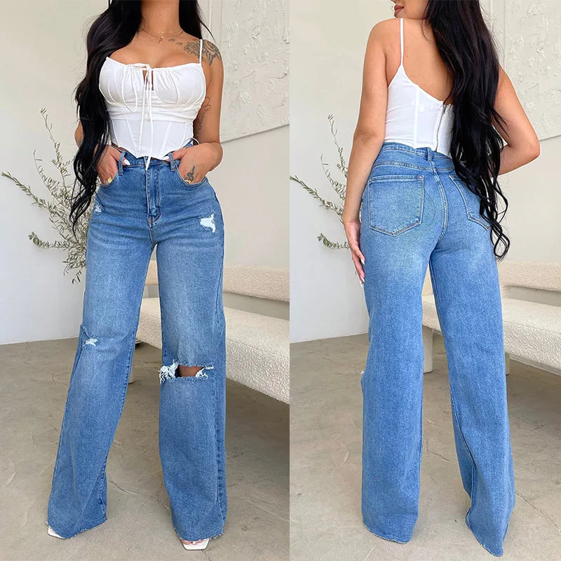 2026 Women's Jeans Long High-waisted Ripped Rough Edge Hot-selling Comfortable Wide-leg Pants