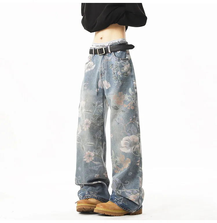 2025 NEW JEANS American hip-hop men and women trendy retro floral print straight leg jeans couples loose wide leg casual pants