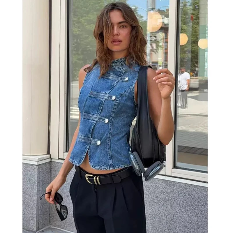 Women's Tops 2026 Summer New Fashion Retro Denim Blouse Women's Chic Summer Travel Joker Youth Blouse Vest