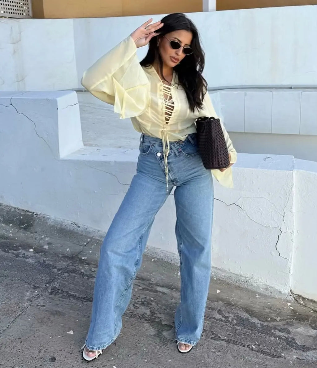 Woman Jeans Pants 2025 Spring High Waist Wide Leg Straight Fit Blue Casual Vintage Versatile Daily Streetwear Denim Jeans
