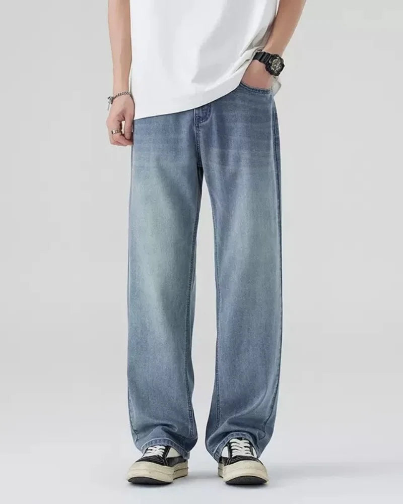 New Bent Knife Jeans for Men American Retro Washed Distressed Wide Leg Pants Four Seasons Loose Straight Leg Feelin Street Jeans