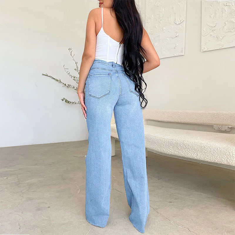 2026 Women's Jeans Long High-waisted Ripped Rough Edge Hot-selling Comfortable Wide-leg Pants