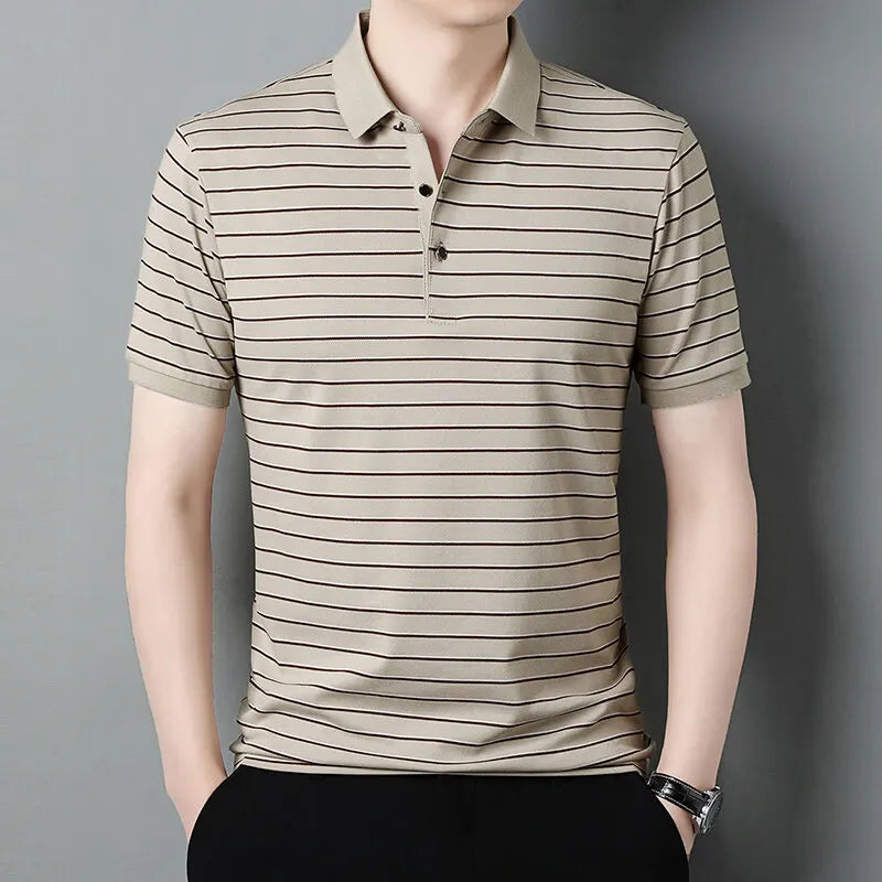 Summer Fashion Striped T-Shirts Men Turn Down Collar Short Sleeve Smart Casual Tshirt Mens Wrinkle Free High Quality Tees Tops