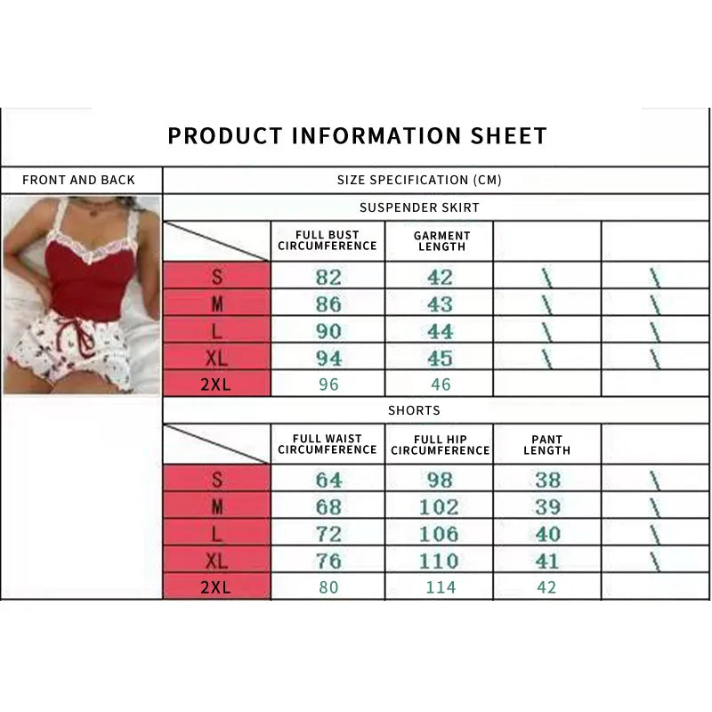 Women Two-piece Summer Sexy Pajama Set Ribbed Knitted Flower Print Lace Trimmed Camisole Vest Bow Shorts Suspender Shorts Suit