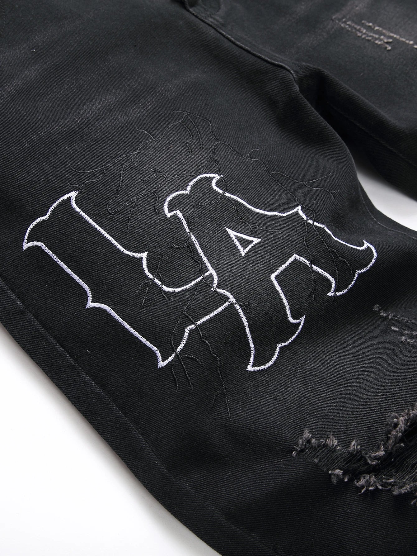 Men's Jeans Black Denim Pants Straight Leg Comfort Mid Waist White Embroidery Casual Streetwear Spring Slim Fit Trousers