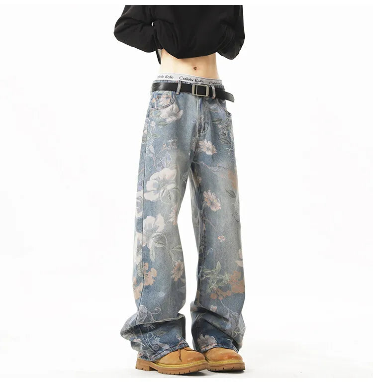 2025 NEW JEANS American hip-hop men and women trendy retro floral print straight leg jeans couples loose wide leg casual pants