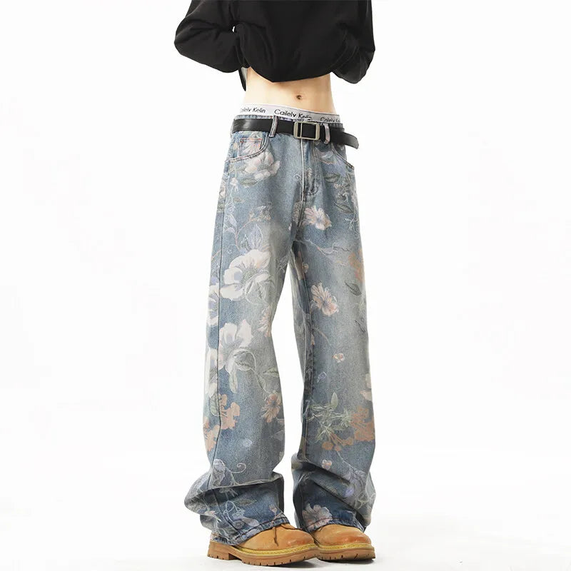 2025 NEW JEANS American hip-hop men and women trendy retro floral print straight leg jeans couples loose wide leg casual pants