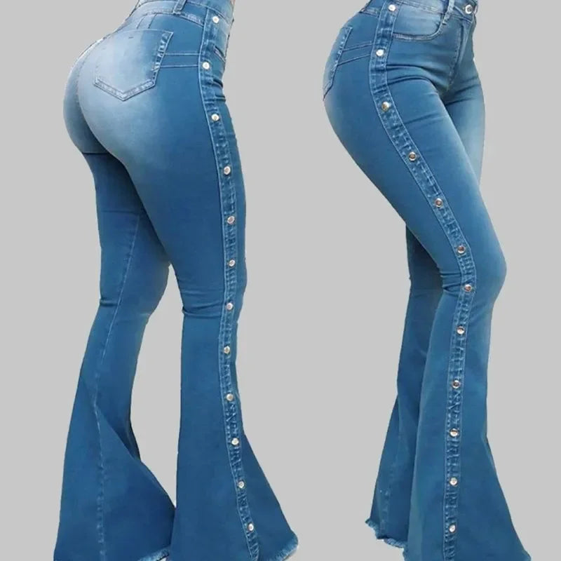Women Jeans High Waist Strecth Denim Flare Pants Vintage Trousers Buttons Denims Streetwear Spring Autumn Female Floor Length