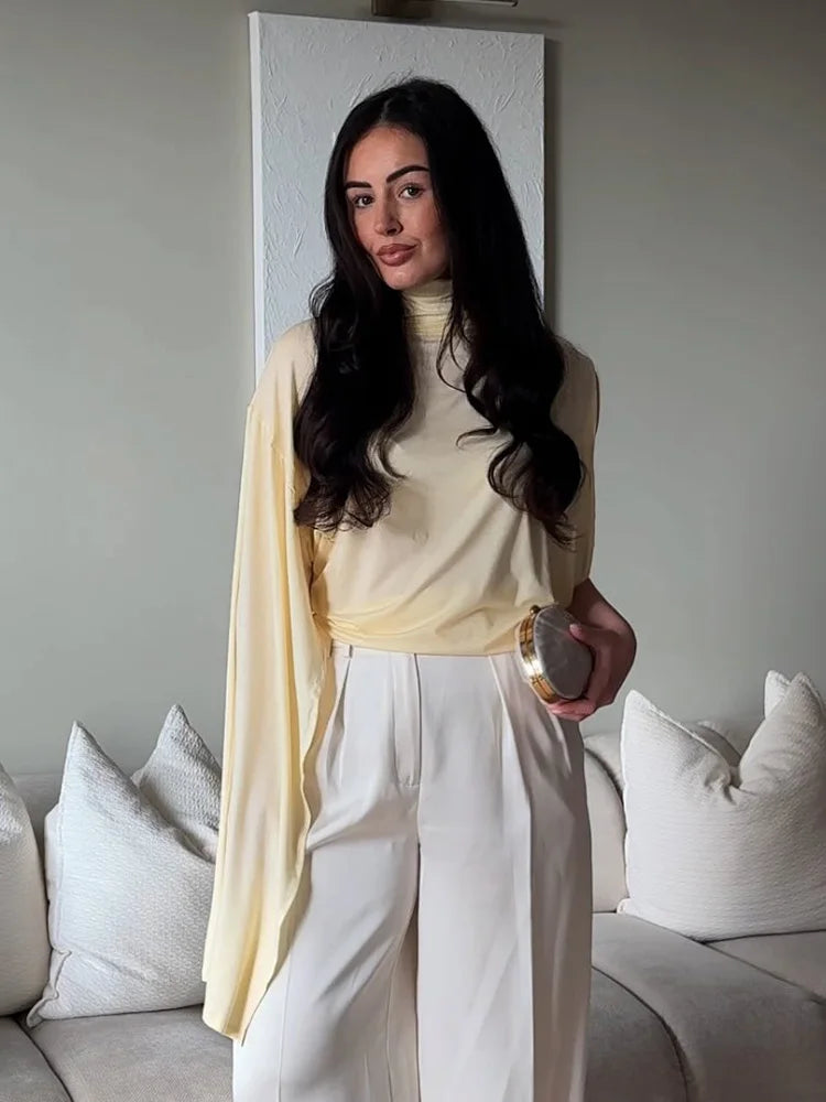 HH Women Spring Fashion Versatile High Neck Drape Asymmetric Top Female Sexy Elegant Slim High Street Casual Commuting Party Top