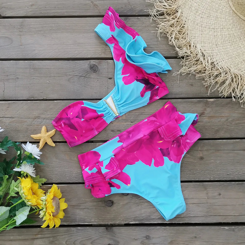 Two-Pieces Women Floral 2023 Push-Up Padded Bra Ruffles Bandage Bikini Set Swimsuit Swimwear Bathing Suit Beachwear Biquini