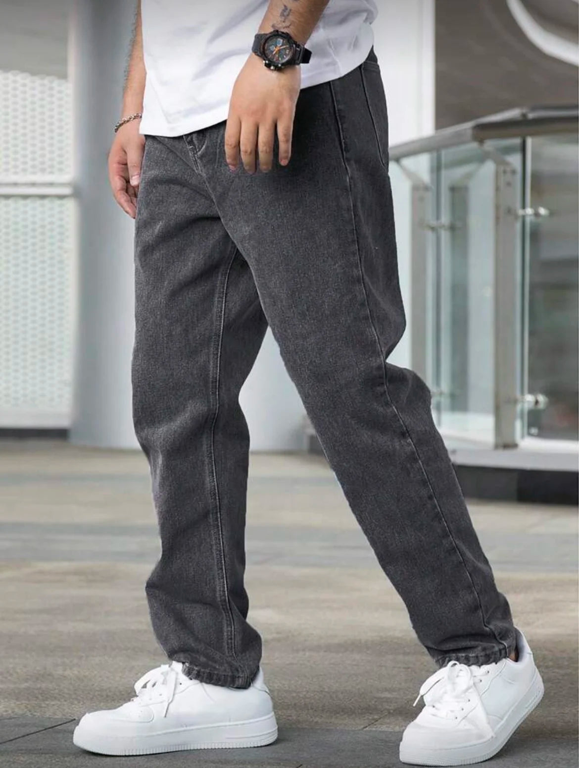 Men's Loose Straight Jeans, Vintage Dark Grey Washed, Casual Daily Wear, Comfortable & Versatile, All Sizes