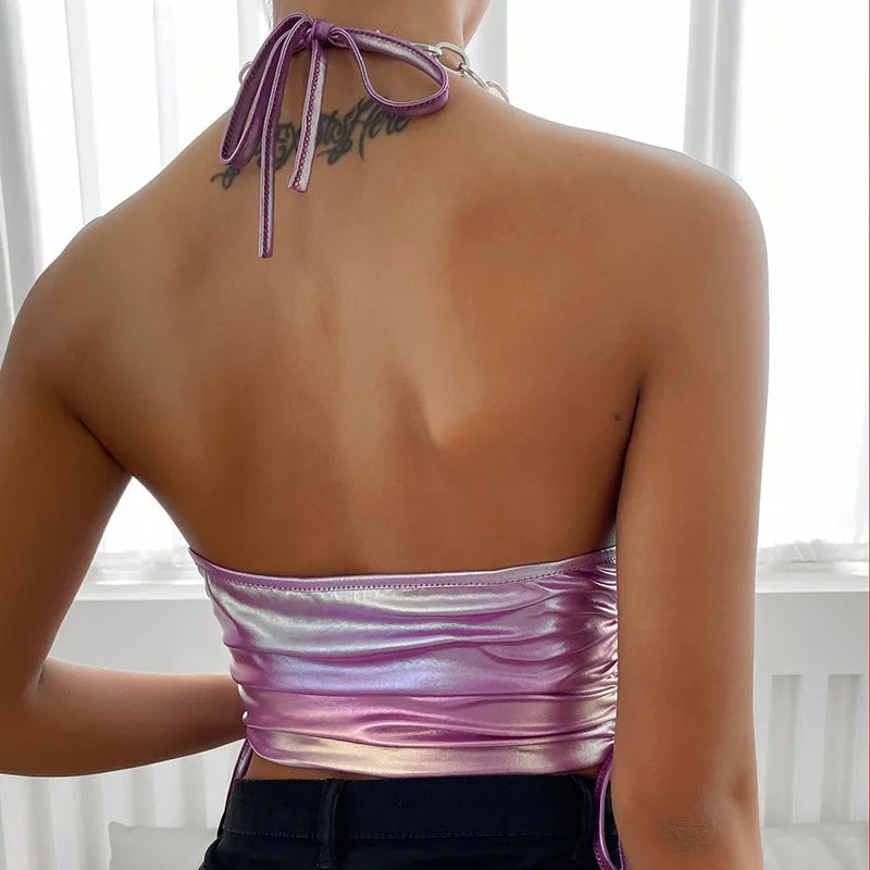 Women's Fashion Contrast Color Crop Top Y2k Sexy Sleeveless Backless Wrap Hip Vest Party Club Spaghetti Straps High Streetwear