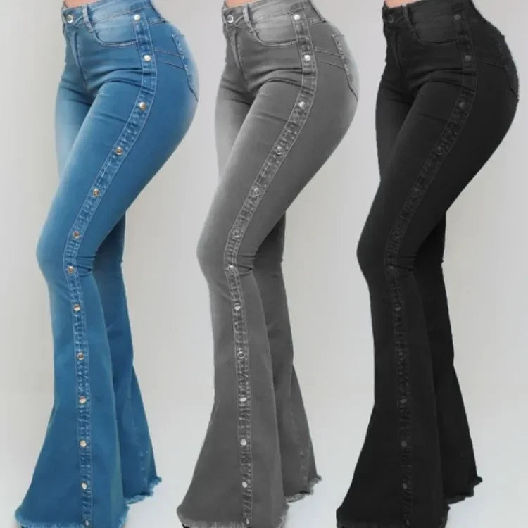 Women Jeans High Waist Strecth Denim Flare Pants Vintage Trousers Buttons Denims Streetwear Spring Autumn Female Floor Length