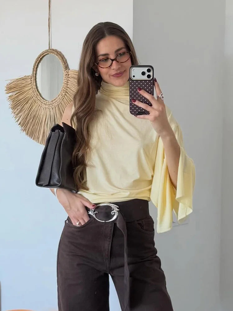 HH Women Spring Fashion Versatile High Neck Drape Asymmetric Top Female Sexy Elegant Slim High Street Casual Commuting Party Top