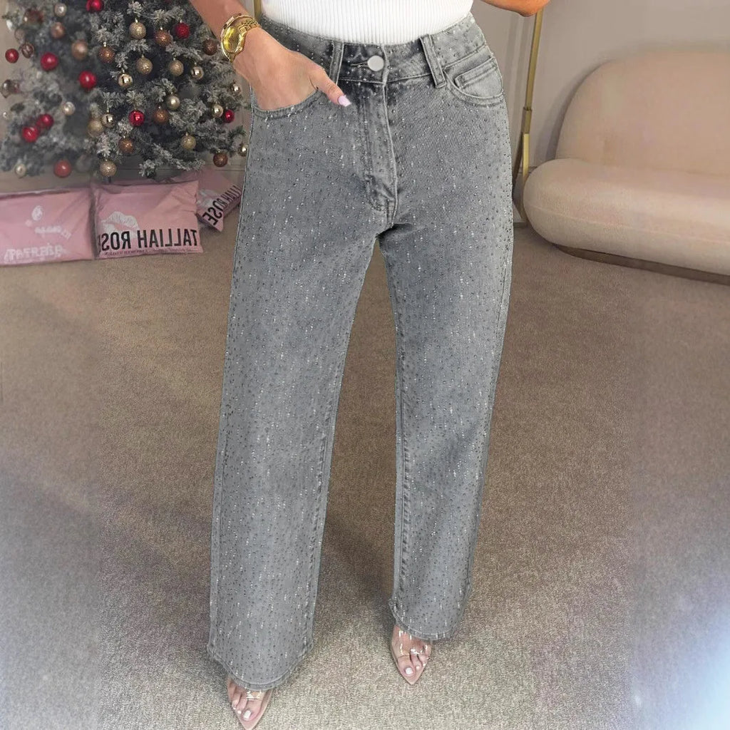Jeans for Women Straight Diamonds Pants Stretch High Waist Washed Mom Jeans Vintage Denims Streetwear Y2k Streetwear Trousers