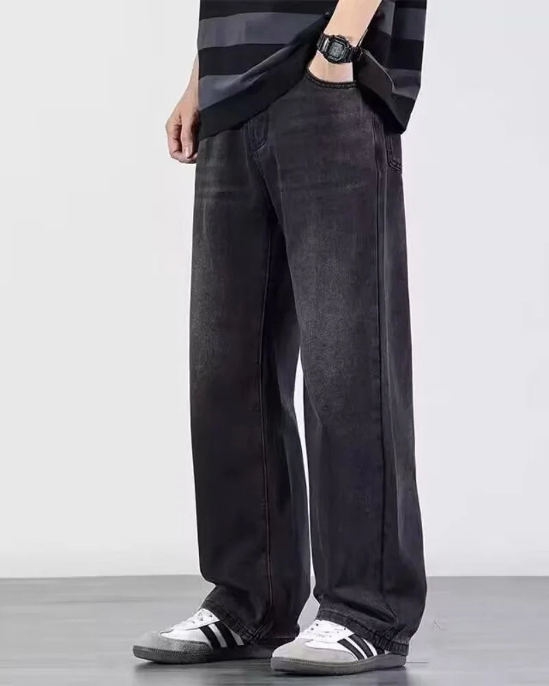 New Bent Knife Jeans for Men American Retro Washed Distressed Wide Leg Pants Four Seasons Loose Straight Leg Feelin Street Jeans