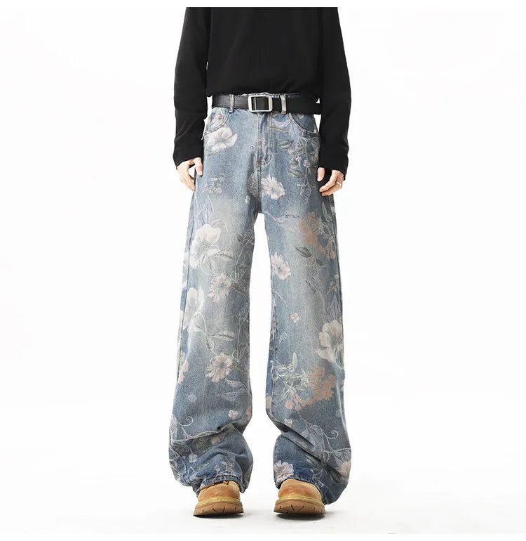 2025 NEW JEANS American hip-hop men and women trendy retro floral print straight leg jeans couples loose wide leg casual pants