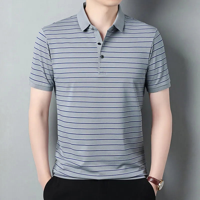 Summer Fashion Striped T-Shirts Men Turn Down Collar Short Sleeve Smart Casual Tshirt Mens Wrinkle Free High Quality Tees Tops
