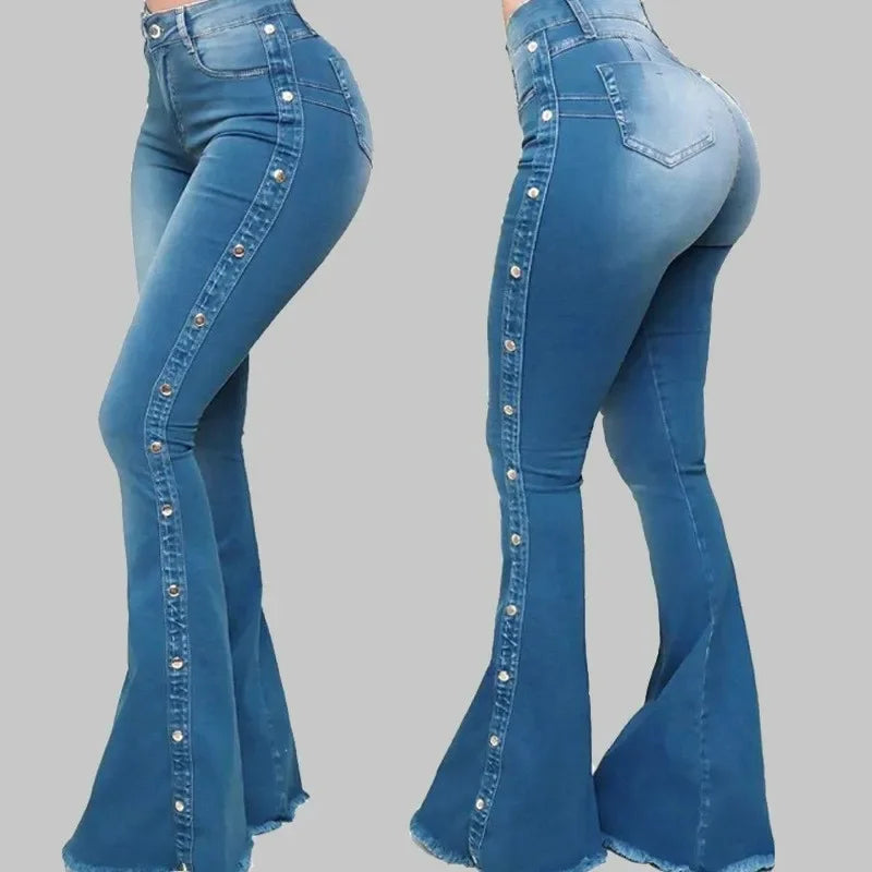 Women Jeans High Waist Strecth Denim Flare Pants Vintage Trousers Buttons Denims Streetwear Spring Autumn Female Floor Length