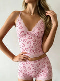 Summer Two-piece Pajamas Set for Women Sleepwear  Floral Lace Pink Sleeveless Camisoles and Slim Shorts Loungewear