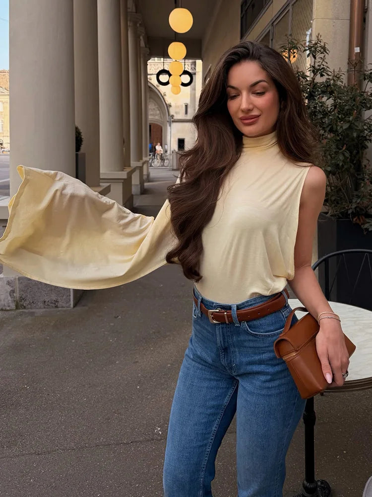 HH Women Spring Fashion Versatile High Neck Drape Asymmetric Top Female Sexy Elegant Slim High Street Casual Commuting Party Top