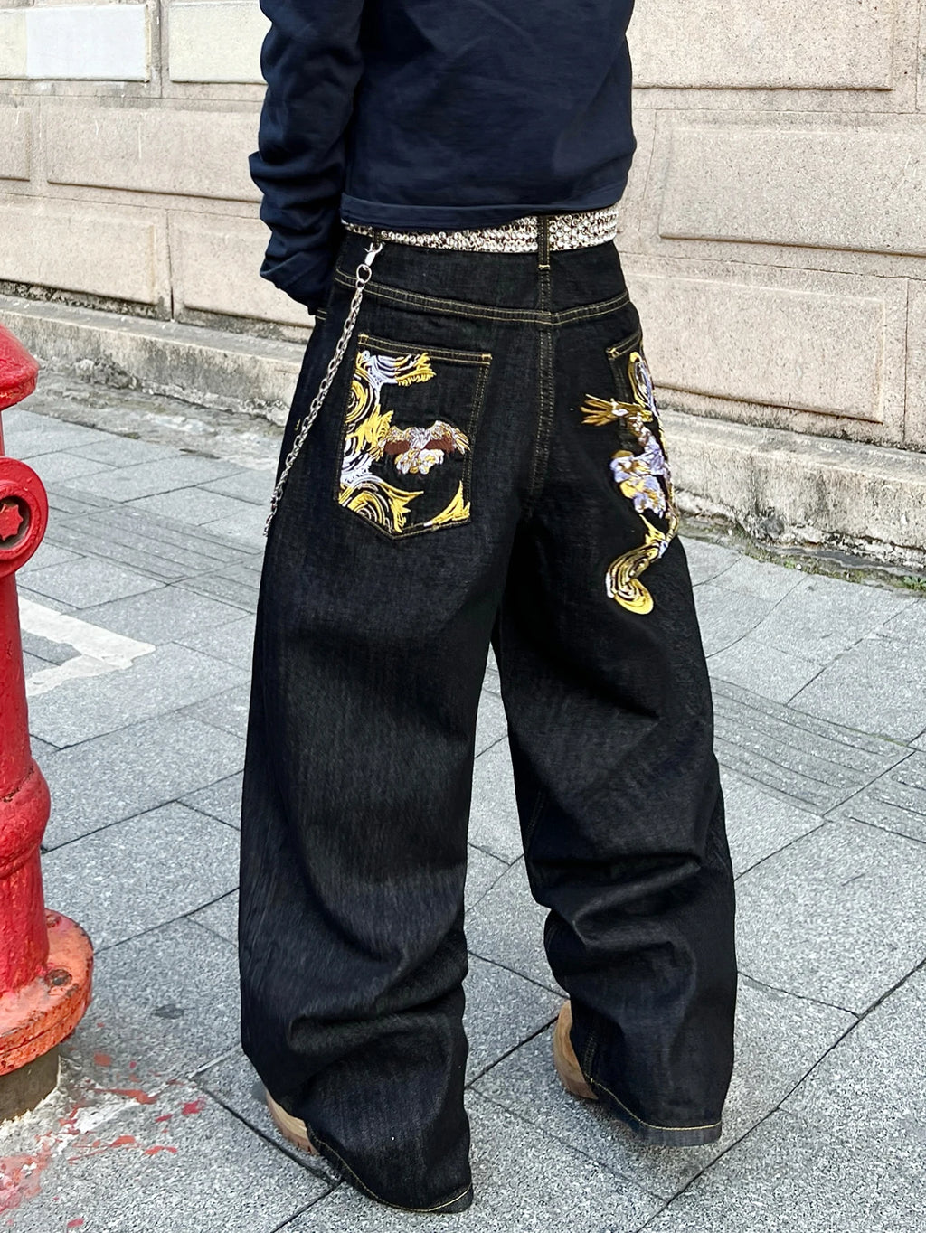 Men's Jeans Versatile Black Baggy Wide Pants,Trendy Embroidered Retro Y2K Men's Trousers,Suitable For All Seasons No Accessories