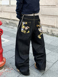 Men's Jeans Versatile Black Baggy Wide Pants,Trendy Embroidered Retro Y2K Men's Trousers,Suitable For All Seasons No Accessories