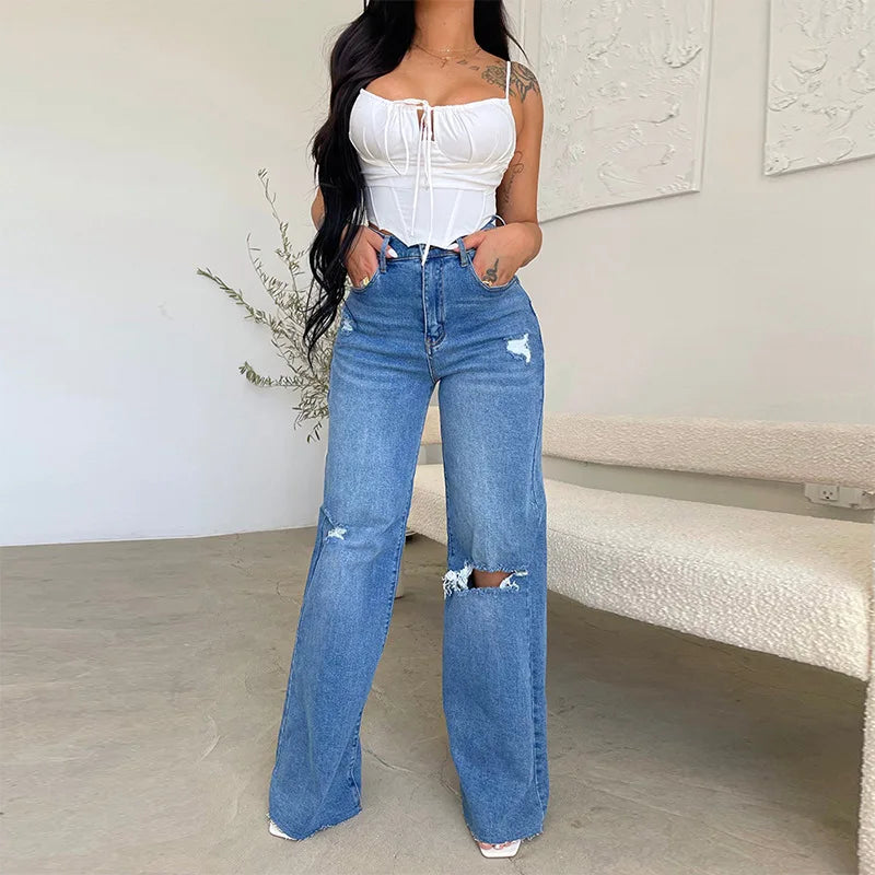 2026 Women's Jeans Long High-waisted Ripped Rough Edge Hot-selling Comfortable Wide-leg Pants