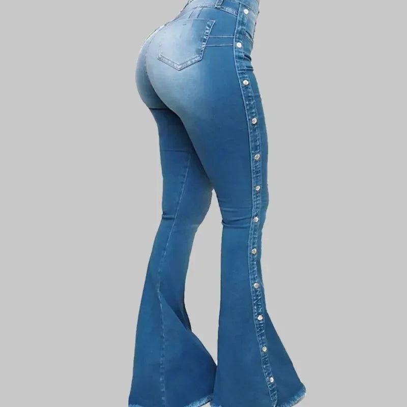 Women Jeans High Waist Strecth Denim Flare Pants Vintage Trousers Buttons Denims Streetwear Spring Autumn Female Floor Length